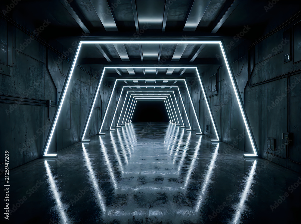 Naklejka premium Futuristic dark tunnel with glowing white neon light frames and reflective floor