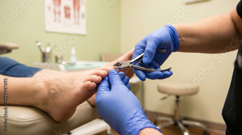 Podiatrist Using Clippers to Trim Patient's Toenail in Medical Office
