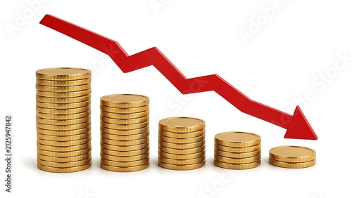 Stacked Gold Coins with Falling Red Arrow Financial Crisis Concept