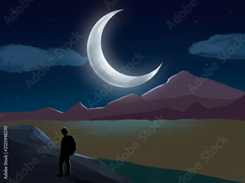 Hiker silhouette under crescent moon. Traveler standing on mountain peak at night.