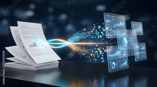 Digital Analytics And Business Transformation Concept With Papers Morphing Into Floating UI Dashboards