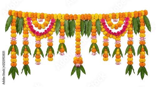 Traditional marigold flower garland decoration for indian festivals isolated on transparent background