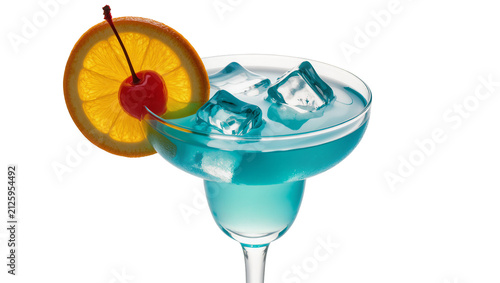 Obraz na plátně Blue cocktail with ice cubes orange slice and cherry, isolated on transparent ba