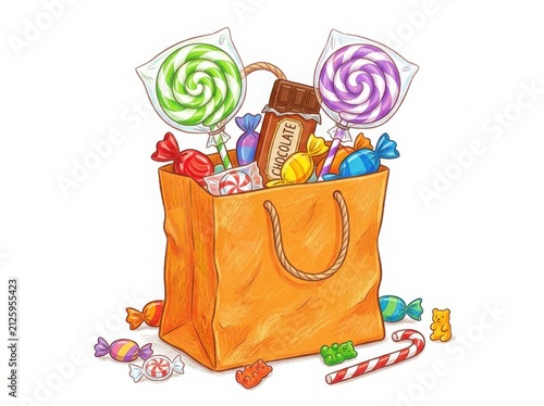 Orange shopping bag filled with colorful candies lollipops and chocolate bars for a sweet treat celebration isolated on white background , png