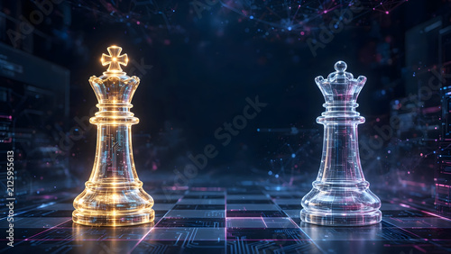 Golden chess king facing transparent queen on futuristic digital board for competitive strategy