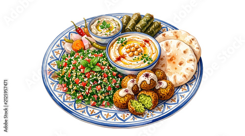 Middle Eastern mezze platter with hummus and falafel, traditional Lebanese appetizers on blue ceramic plate, fresh Mediterranean food assortment isolated PNG with Transparent Background