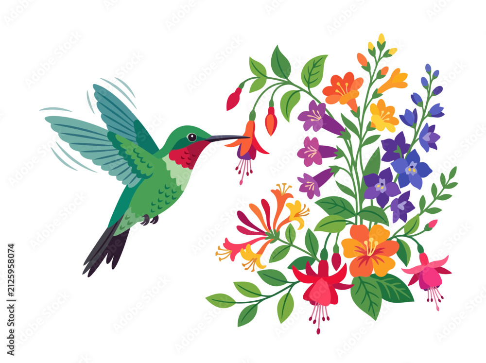 Fototapeta premium A vibrant hummingbird hovering near a colorful bouquet of blooming garden flowers.