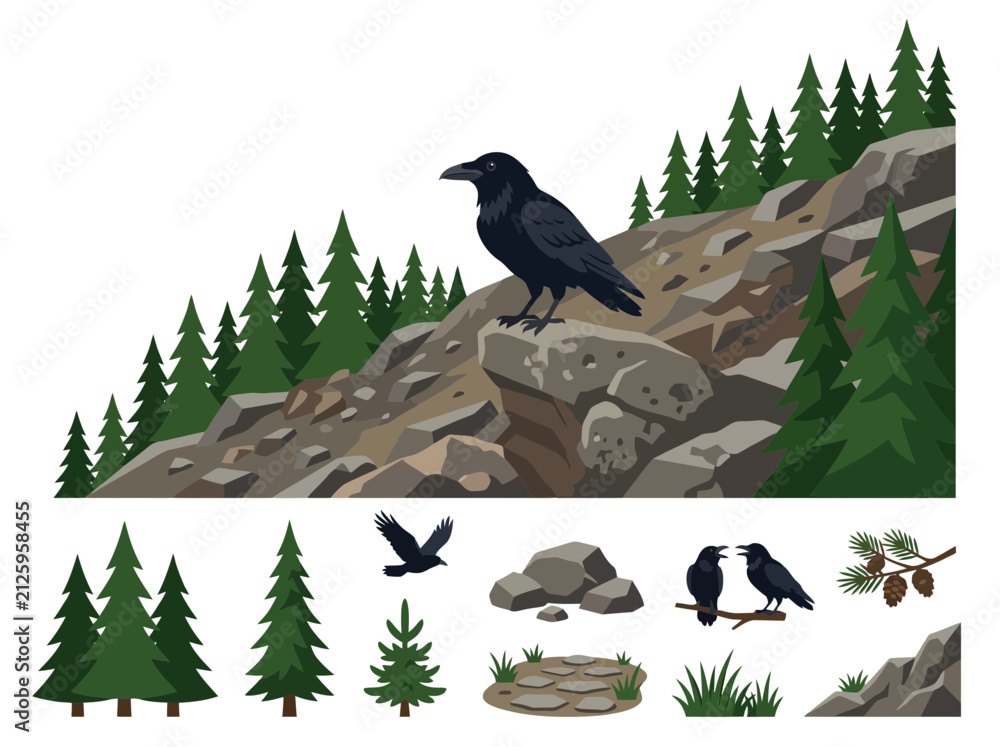 Obraz premium A collection of black raven birds and natural elements including rocks and pine trees.