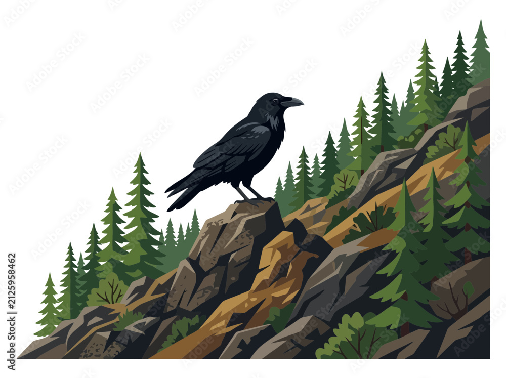 Obraz premium A detailed illustration of a black raven perched on a rocky mountain cliff.