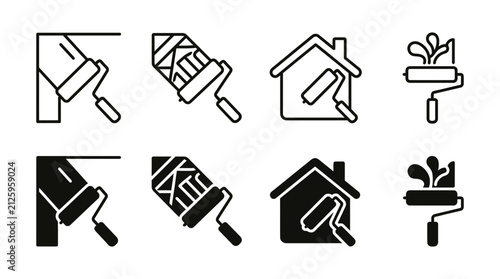 Paint roller wall painting icon set collection for interior renovation and house maintenance symbols with painting