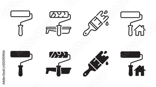 Paint roller and brush icon set for interior painting and home renovation projects with painting renovation interior