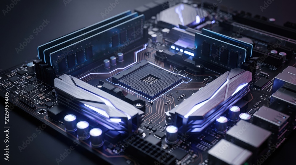 Fototapeta premium Motherboard with cpu socket ram modules heatsink and electronic circuit glowing in blue light.