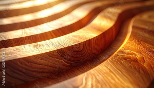 Wavy wooden slats bathed in warm light, showing intricate grain patterns.