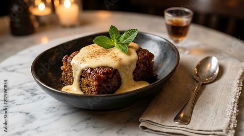Delicious chocolate brownie dessert with creamy sauce and fresh mint leaves in a black bowl. South African Cuisine