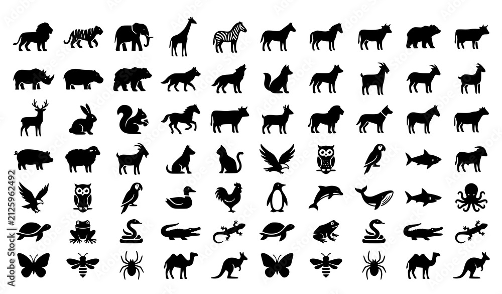 Obraz premium Flat Black Animal Icons Set Solid Silhouette Vector Collection