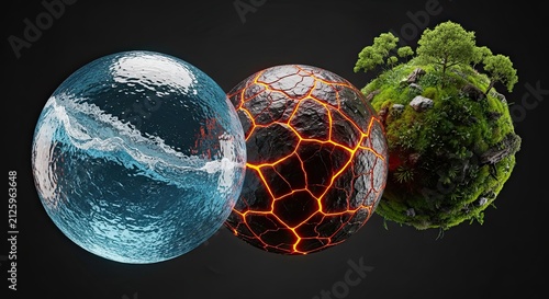 Three Elements: Water, Fire, Earth - Abstract Concept Spheres