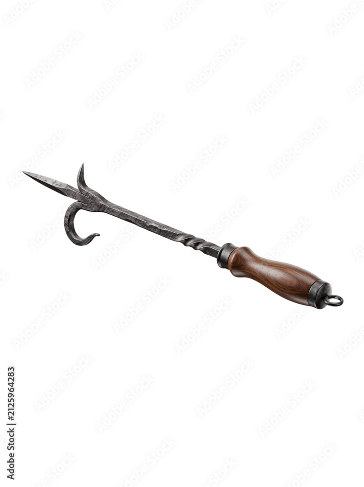 Obraz premium Antique forged wrought iron fire poker tool with wooden handle
