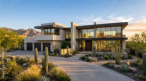 Modern luxury house with desert landscaping and cacti in a scenic mountain setting at sunset. arizona modern home