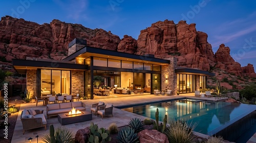 Modern luxury house with swimming pool and fire pit at sunset near red rock mountains in sedona. arizona modern home