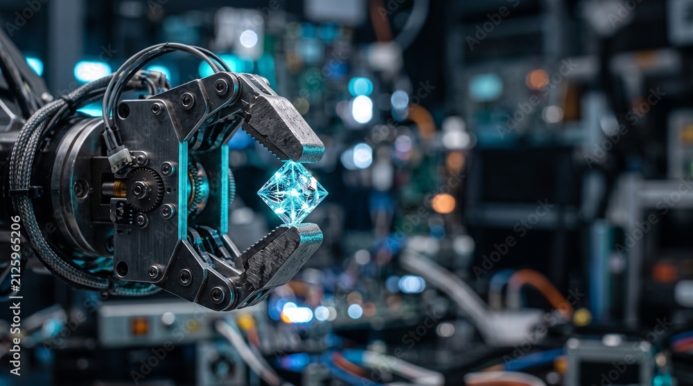Obraz premium Robotic gripper holding a glowing blue crystal inside a busy electronics laboratory workshop