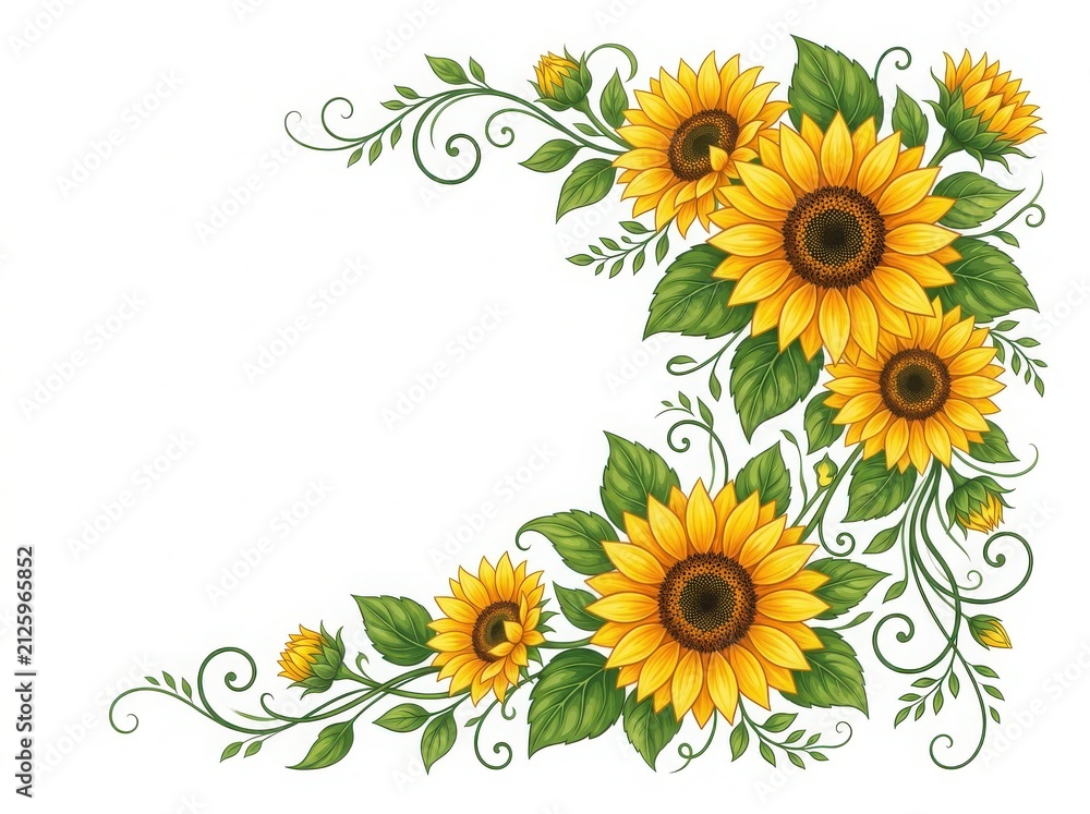 Fototapeta premium Beautiful sunflower corner border decoration with green leaves and elegant swirling vines for wedding invitation or greeting card design isolated on white background , png