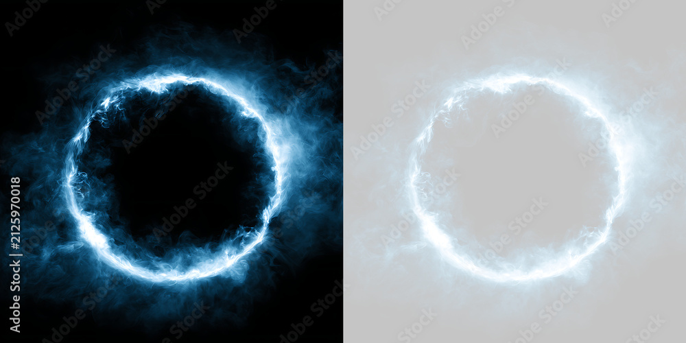 Obraz premium Blue energy circle frame with fire and smoke effects. Glowing plasma ring overlay on transparent background