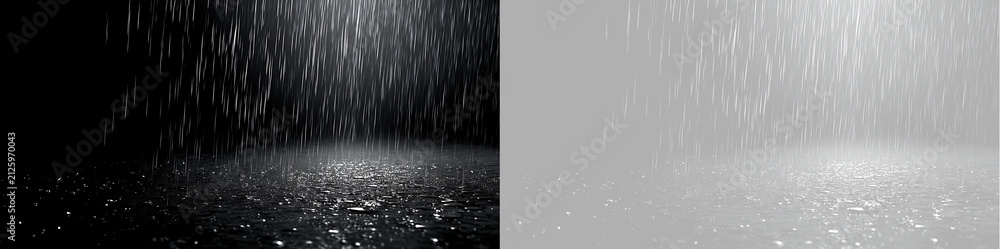 Obraz premium Heavy rain effect with wet ground reflection. Falling water drops overlay on transparent background