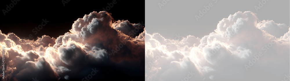 Fototapeta premium Towering volumetric cumulus cloud ridge with bright backlighting. Isolated dramatic cloudscape element