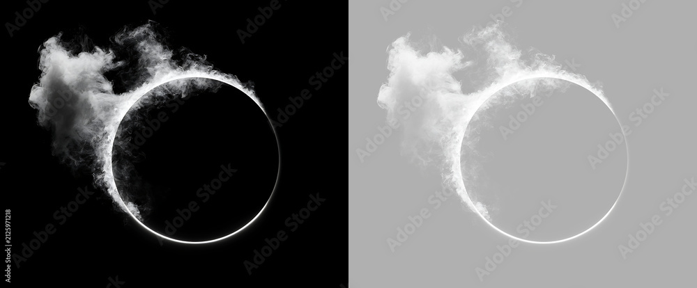 Obraz premium Abstract white glowing smoke ring frame isolated on transparent background. Glowing fog circle border overlay element