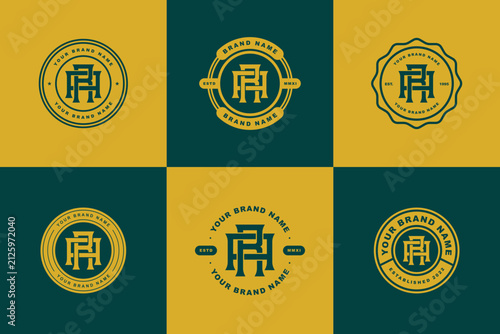 Retro collegiate emblem collection featuring AH monogram in classic circular badge styles.