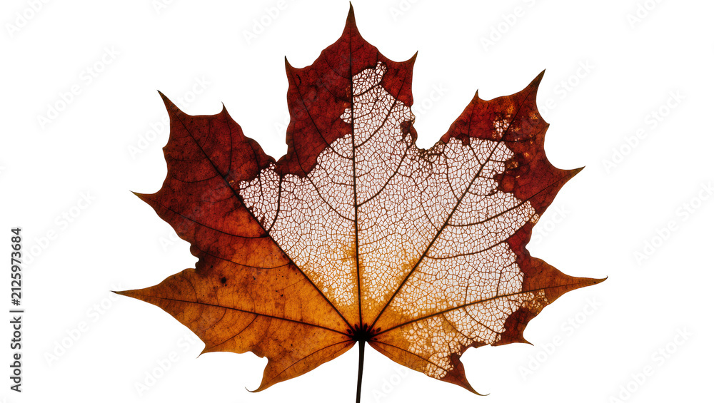 Fototapeta premium Detailed maple leaf skeleton with decaying edges, isolated on transparent background