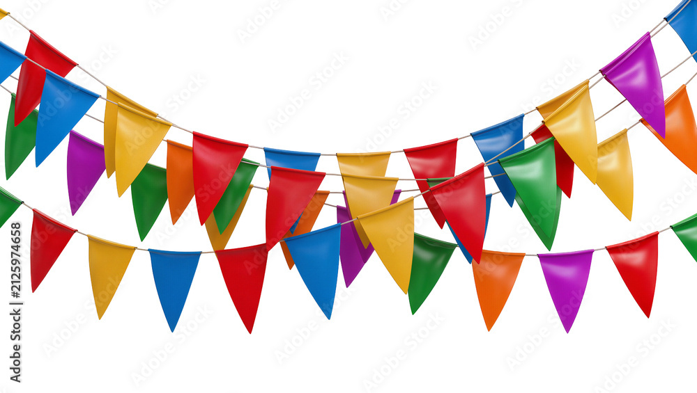 Obraz premium Colorful triangular party flags strung on cords, isolated on transparent background