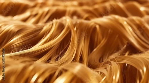 AI generated 4k macro video of blonde hair waves rippling under golden studio light.