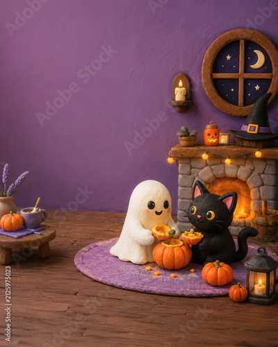 Cute clay ghost and cat Halloween scene