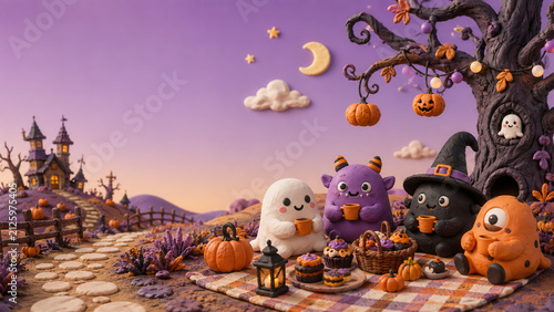 Cute clay creatures at a Halloween picnic