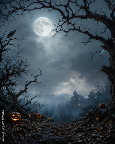 Moonlit Halloween branches framing copy space