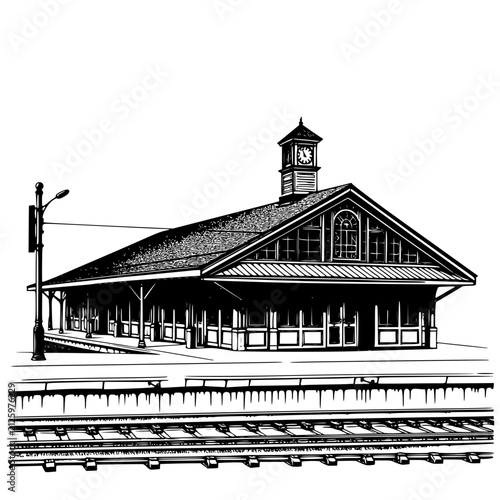 Detailed black and white vector silhouette of a historic railway station building with tracks and platform in a classic style