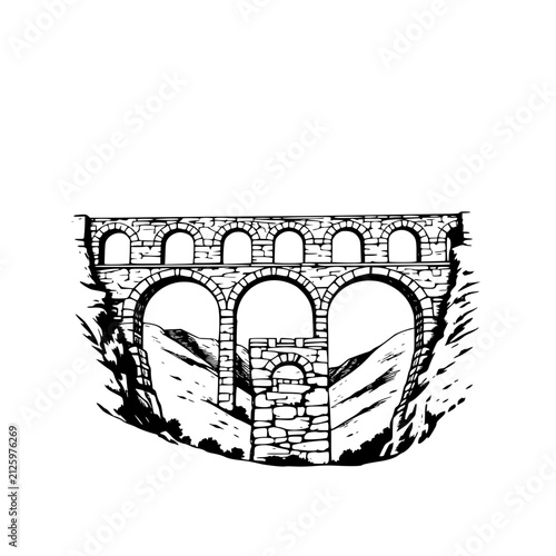 Historic stone aqueduct bridge with multiple arches, ancient Roman engineering structure in a mountain valley, black and white vector.