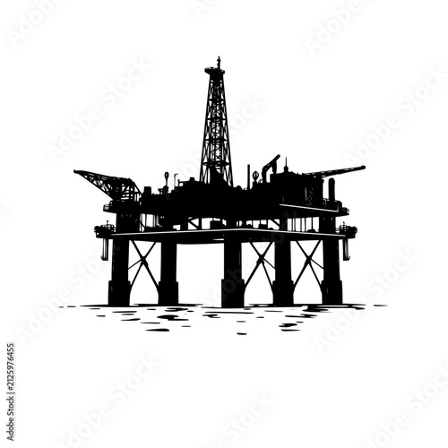 Detailed black silhouette vector illustration of an offshore oil platform rig structure isolated on a clean white background for design