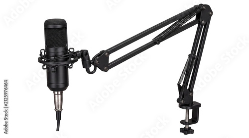 Professional microphone with adjustable boom arm isolated on white background PNG for podcasting, streaming, broadcasting and recording studios