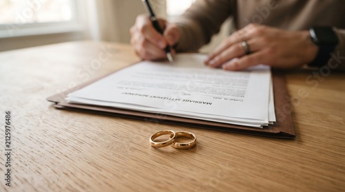Person signing marriage settlement agreement with gold rings on wooden table with signing legal documents documents while two wedding rings rest