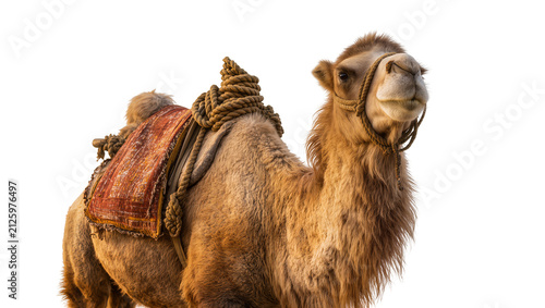 Canvas Print Camel with ornate saddle and rope halter, isolated on transparent background