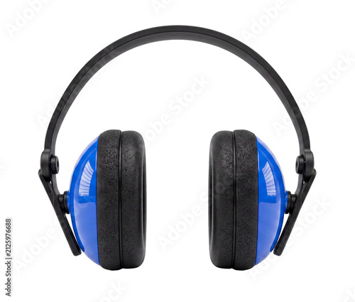 Blue industrial safety earmuffs for hearing protection isolated on white background PNG suitable for construction, manufacturing and workplace safety concepts
