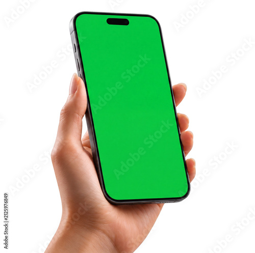 Human hand holding a modern smartphone with green screen mockup isolated on white background PNG for mobile app, UI and advertising design