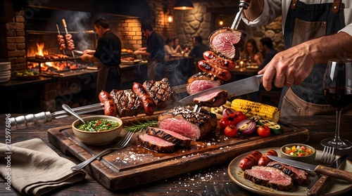 Action shot of a chef carving juicy grilled beef steak on a wooden board next to a roaring open-fire grill in a rustic steakhouse restaurant.