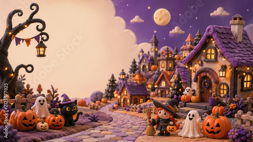 Friendly clay Halloween village at night