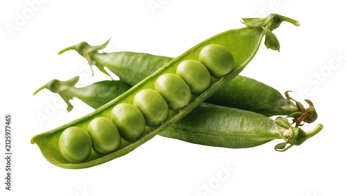 Foto Fresh green pea pods with visible round peas, isolated on transparent background