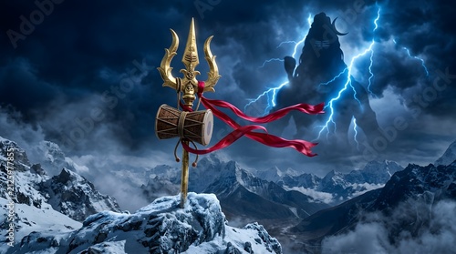 Golden Trishul and Damru with Lord Shiva silhouette on snowy mountain