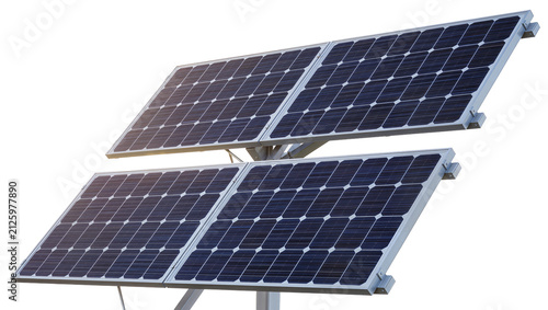 Foto Double solar panel array mounted on metal frame, isolated on transparent backgro