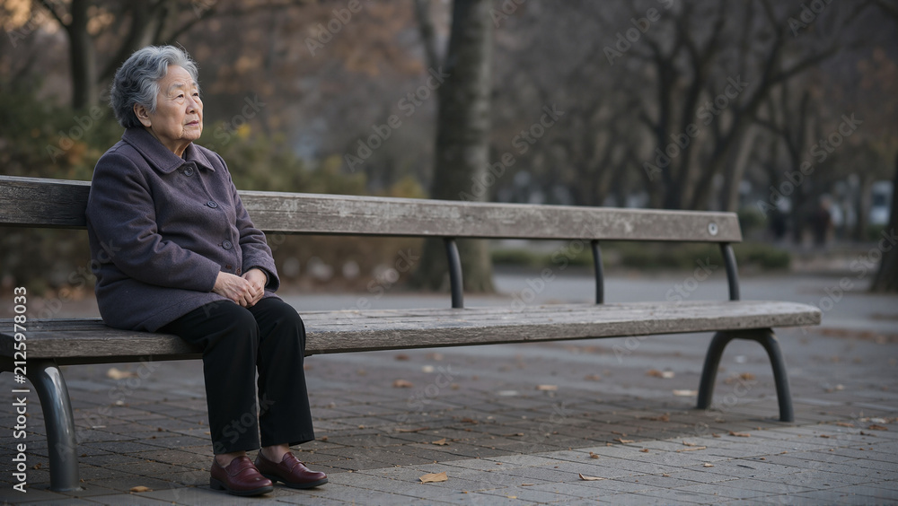Fototapeta premium Elderly woman sitting alone on park bench in autumn, she experiences feelings of loneliness and isolation during a quiet moment, reflecting on memories and emotions.